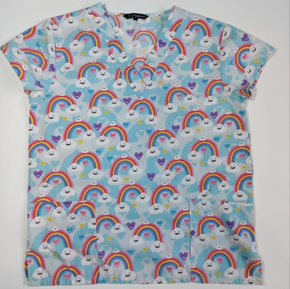 Scrubs Sort Sleeve Top Womens Blue Multi Rainbow Hearts, Small - Picture 2 of 12